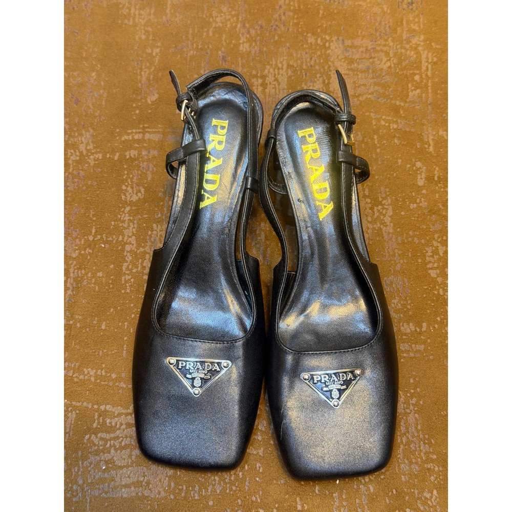 Prada Black Leather Square Toe Slingback Block Heel Pumps Triangle Logo Size 39